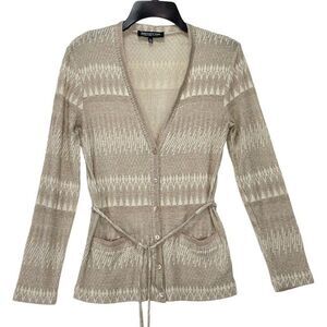 Jones New York Cardigan Sweater Sz PS Taupe Metallic Long Sleeve Top Tie Front